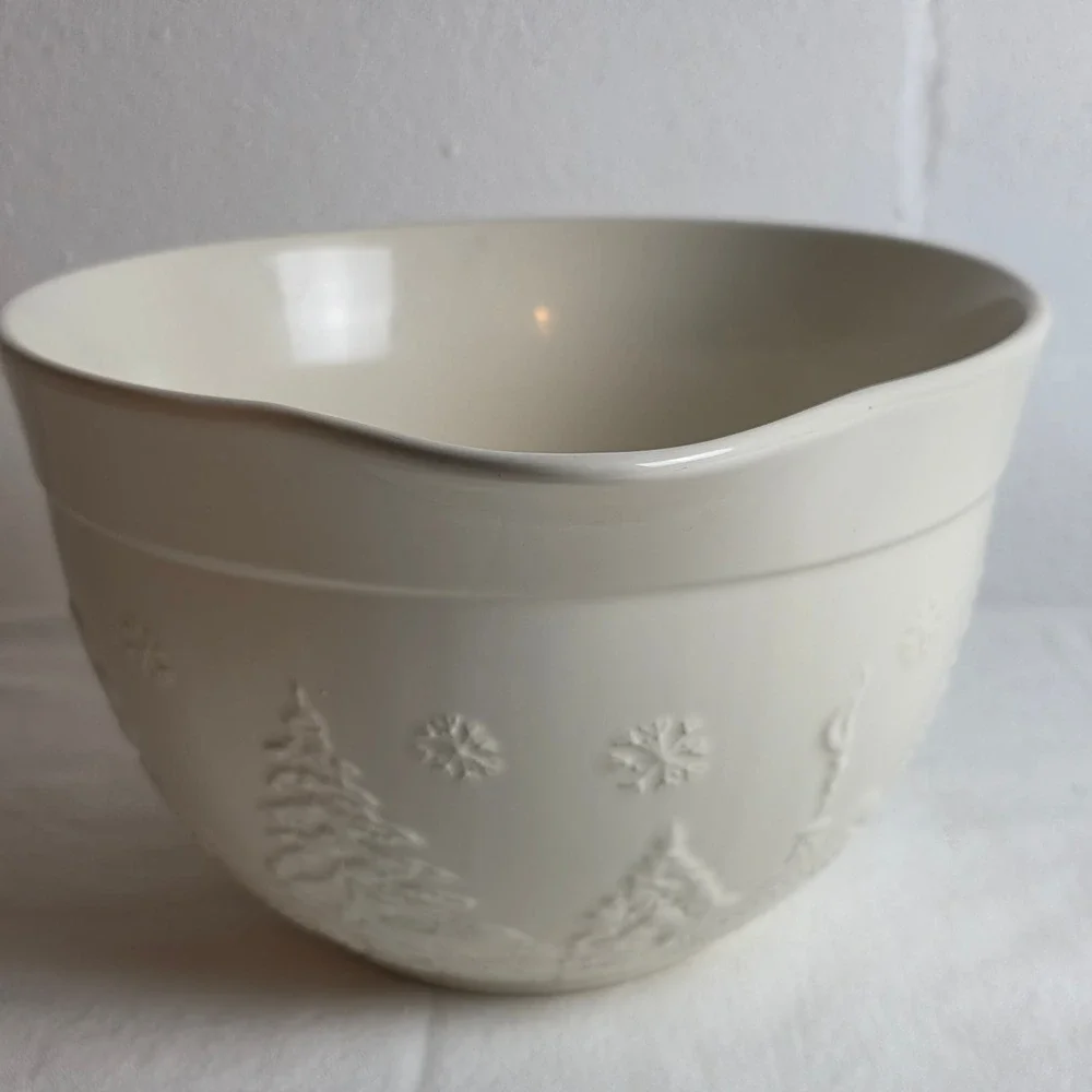 The Bake Shop Cream Embossed Winter Scene Stoneware Mixing Bowl Spout Handle